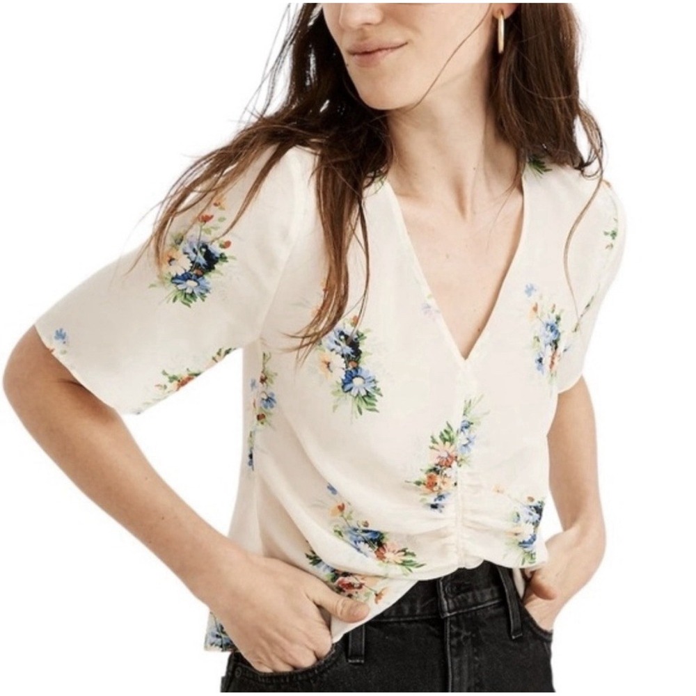 Madewell Womens Floral Blouse 2 Cream 100% Silk Shirred Front Romantic Delicate